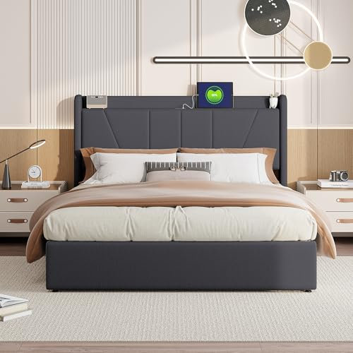 BLSYHDH Bett, mit Stauraum, 140 x 200 cm, hydraulisch, gepolstert, mit Bettkasten, Doppelbett mit Stauraum mit Kopfteil und Lattenrost (Grau + Leinen, 140 x 200 cm)