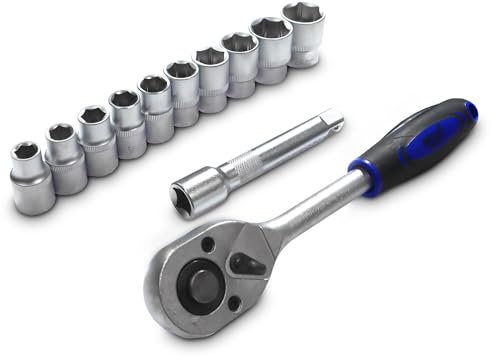 Bituxx 12 Teiliges Nussatz Sechskant mit 250mm Ratsche 1/2 und 125mm Verlängerung Steck Nüsse Stecknuss Werkzeug Set