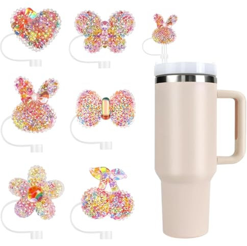 6 Pcs Glitter Straw Cover Compatible with Stanley 30&40 oz Tumbler Cups, 10mm Reusable Silicone Straw Toppers for Stanley Cup Accessories