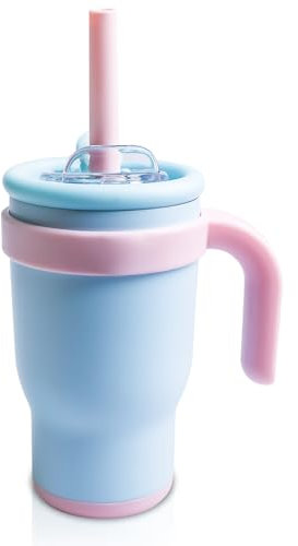 Behogan Taza térmica para niños con pajita: vaso de 420 ml con tapa, vaso con asa para niños, taza de coche, vaso térmico, taza de café para bebidas calientes y frías