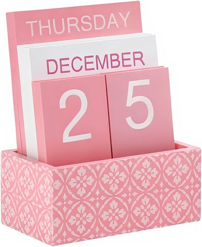 Wooden Block Perpetual Calendar for Desk, Cute Desk Accessories Pink, Flip Calendar for Office Classroom Preppy Room Decor Gift for Women Girl