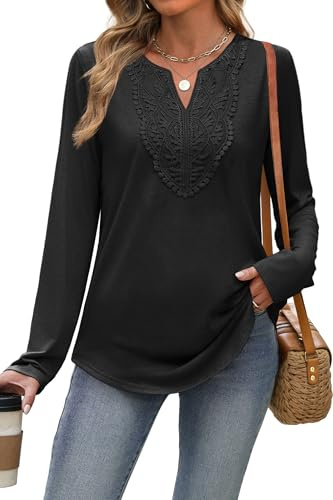 XIEERDUO Womens Long Sleeve Tops Ladies Blouse V Neck Tunic Lace T Shirts Curved Hem Solid Color Comfy Loose Tops Office Wear Black Top Size 22-24 UK