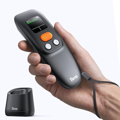 Tera 【Mini 2D Barcode Scanner mit Bildschirm】Tragbarer 1D 2D QR Handheld Barcode-Leser mit Ladeschale Smart Display Bluetooth 2.4G Wireless & USB Wired für Retail Warehouse Inventory Model 1600