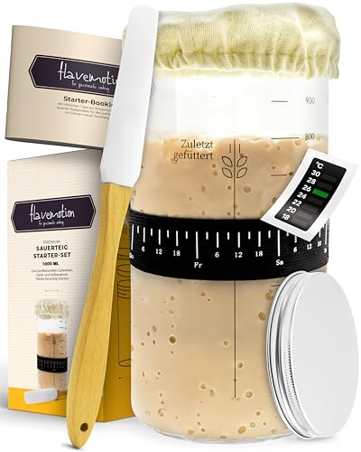 Flavemotion Sauerteig Starter Set 1000ml Gärglas für eigenen Sauerteig | Einfacher Sauerteig-Start mit Thermometer, Spatel & Anleitung, 1000ml-Gärglas als Brotback Zubehör für Sauerteig-Einsteiger