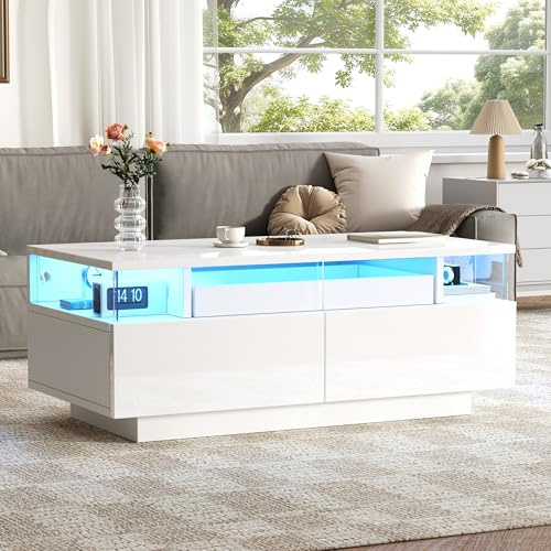 LANTRO JS Wohnzimmertisch, 2 Schubladen, LED Beleuchtung, Couchtisch mit Stauraum, Beistelltisch aus Gehärtetem Glas, Hochglanzmaterial,Weiß