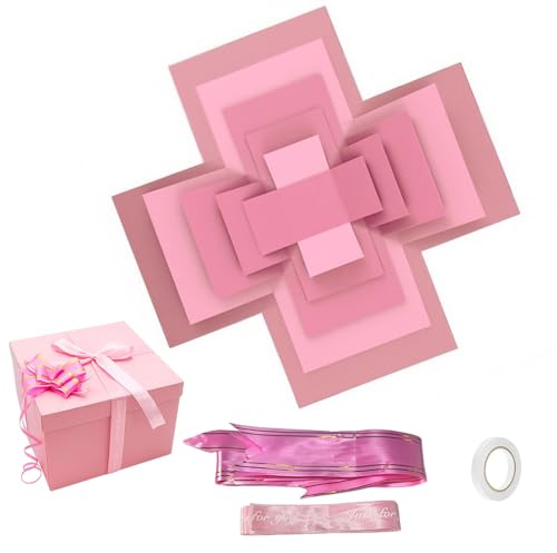 5 Lagige Kreative Explosionsbox, DIY Handgemachte Geburtstag Box, Geschenkbox Aufklappbar, Geschenk Box mit Klebeband und Band, Wiederverwendbare, für Geburtstag, Hochzeitstag(Rosa)