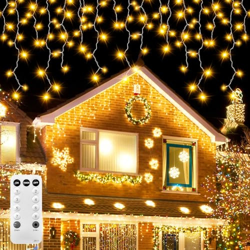 15m 600LED Eisregen Lichterkette für Außen Innen, IP44 Wasserdicht Außenbeleuchtung mit Fernbedienung, Weihnachtsbeleuchtung mit Timer/8 Modi, Lichter Deko für Balkon Traufe Outdoor (Warmweiß)