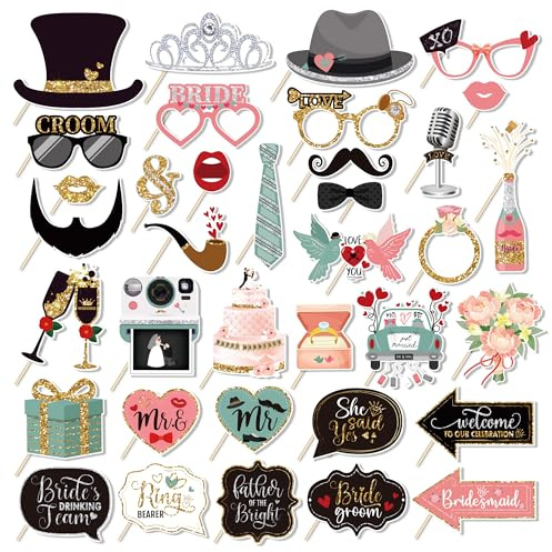 Wedding Photo Booth Props 36PCS Selfie Signs Wedding Party Supplies Decorations Cute Designs Bridal Shower Favors Pose Sign Kit Fun for Parties Accessories