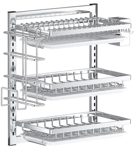 Odoukey Wall Mounted 3 Tier Dish Drying Rack Stainless Steel Hanging Space Adjustable with Drainboard Hooks & Cutlery Holder for Kitchen