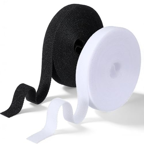 Reusable Fastener Straps 16.4ft Double-Sided Hook and Loop Straps, Adjustable Self-Gripping Cable Management Ties for Home, Office, and Outdoor Organization (White,Black)