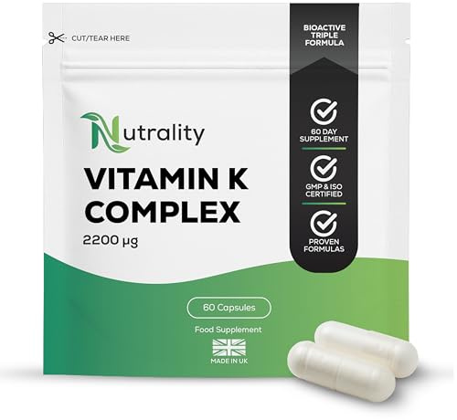 Nutrality Premium Triple Vitamin K Complex 2200mcg – 60 Capsules | Bioactive Natural Forms – Vitamin K1 Plus K2 (MK-4 & MK-7) – High Strength K2 Supplements for Maintenance of Normal Bones