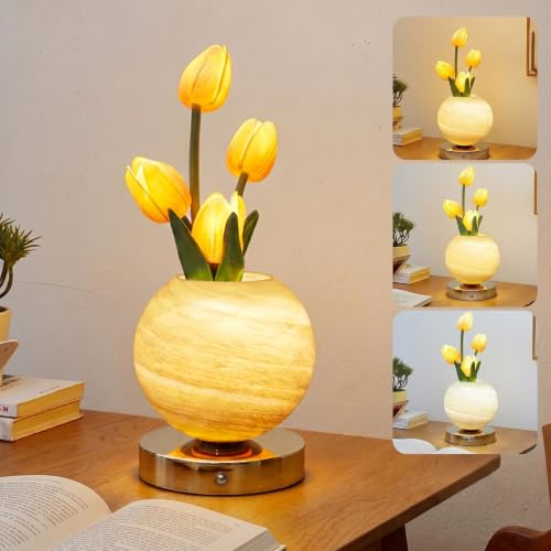 Tulpe Blume Tischlampe, Tulpen Kristall Blume Lampe Touch Lampe, 3-Farbe Unendlich Dimmende USB Wiederaufladbare Tischlampe für Wohnzimmer Dekor Geschenke für Valentinstag Muttertag Weihnachten(Gelb)