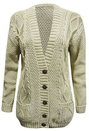 New Womens Everyday Long Sleeve Button Top Ladies Chunky Aran Cable Knit Grandad Cardigan (16-18 XL, Stone)