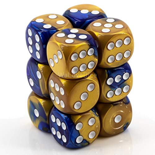 Chessex Gemini 16mm d6 with pips Dice Blocks (12 Dice) - Blue-Gold w/White