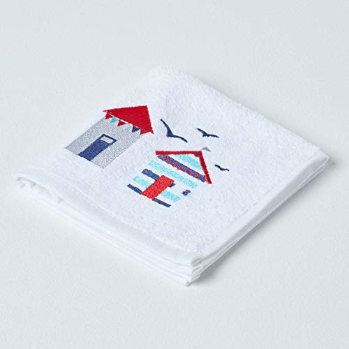 HOMESCAPES Beach Hut Embroidered Face Cloth Blue, Red & White Seaside Patterned Flannel 100% Cotton 550 GSM Super Absorbent Fluffy Holiday Beach Towel for Pool or Gym