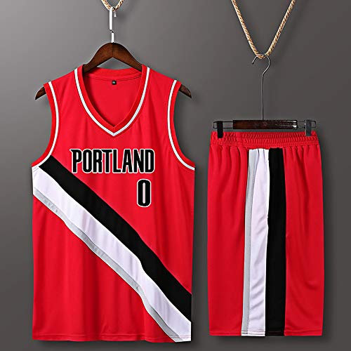 Herren Basketball Jersey Set Top+Shorts,D ami an Li llar d # 0 N B A Port LAN d Tr a il Bl az er,New Fabric Sport Jersey Ärmelloses T-Shirt Fans Shirts,Rot,L