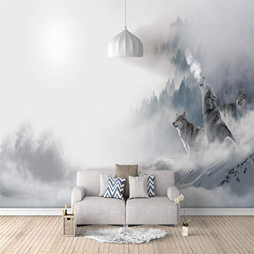 3D Papier Peint Animaux De La Montagne De Neige Deux Loups 350X256Cm Non-Tissé Mural Poster Photo Géant 3D Autocollant Pour Salon Chambre Bureau Couloir Enfant Garcon Fille Ado Décoration Affiche