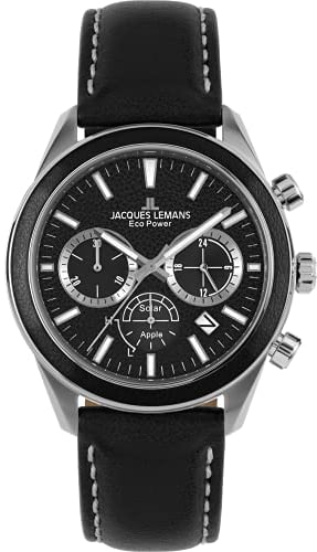 JACQUES LEMANS Herrenuhr, Eco Power Uhren Männer, Chronograph aus massivem Edelstahl mit Apfel-Leder Armband, Herrenuhr großes Ziffernblatt - Suit for Men, Model 1-2115A, Arm Herrenuhr groß
