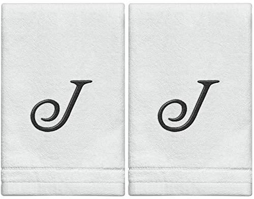 Monogrammierte Handtücher mit Fingerspitze, personalisiertes Geschenk, 27.9x45.7 cm, schwarz, bestickt, extra saugfähig, 100 % Baumwolle, für Badezimmer/Küche/Spa, Initiale J (weiß)