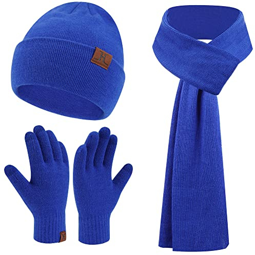 Bequemer Laden Herren Damen Winter Beanie Mütze Lang Schal Handschuhe Set | Thermo Herren Damen Wintermütze Strickmütze Winterschal Winterhandschuhe Strickhandschuhe Fleecefutter Weihnachtsgeschenke