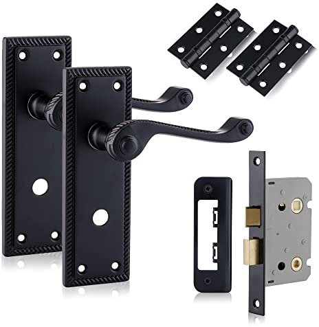XFORT Black Beauty Range Matt Black Hanoverian Bathroom Pack, Georgian Style Complete Set with Bathroom Handles, 65mm Mortice Bathroom Lock and 75mm Ball Bearing Hinges, for Internal Wooden Doors