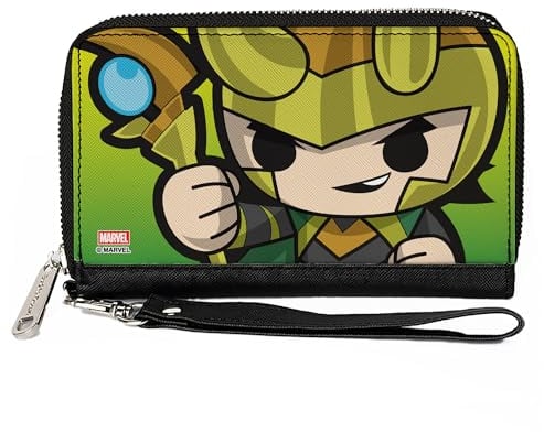 Buckle-Down Marvel Comics Geldbörse, Zip Around, Kawaii Loki Scepter Pose Close Up Green, Veganes Leder, 7.5x4.5, Casual