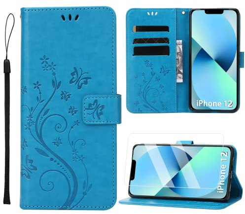ANSHOW for iPhone 12 Case Wallet with Wrist Strap, iPhone 12 Pro Case, with Screen Protector, Flip Leather Case with Cards Holder Phone Case with Kickstand Cover for iPhone 12/12 Pro, Blue