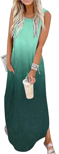 Cuptacc Sommerkleid Damen Lang Ärmellos Blumenmuster Strandkleid Maxikleid mit Taschen Elegante