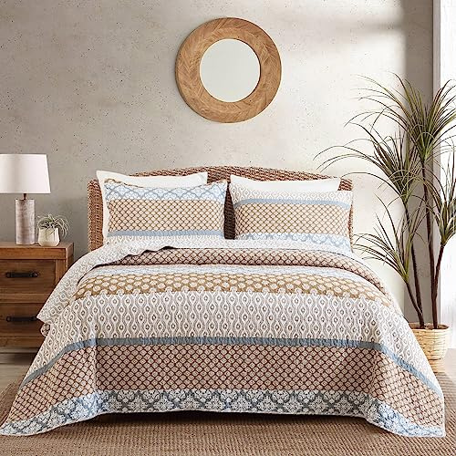 SahSahCasa Quilt King Size, King Quilt Set, 100% Cotton Floral Quilt, King Quilt Bedding Set Bedspreads, Patchwork Reversible Lightweight Comforter Bed Spread for All Season, Brown/Gray, 3 Pieces