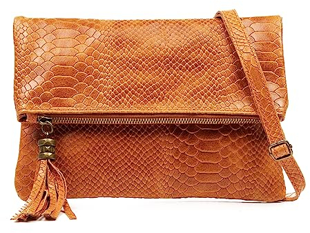 FIRENZE ARTEGIANI. Alzano Umhängetasche Damen Echtleder Wildleder Gravur Schlange 27x5x29cm Farbe: Orange, orange, Utility