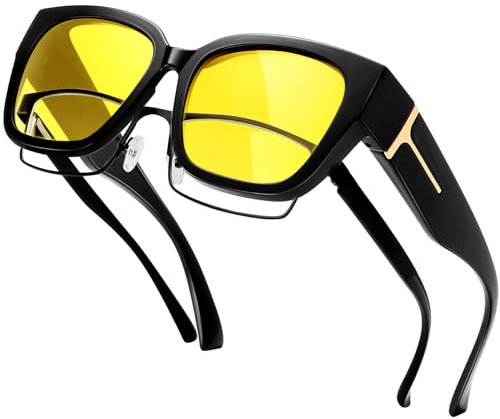 KANASTAL Headlight Night Driving Over Glasses Wide Men Anti Glare Driving Womens Sight Yellow Tinted Oversized Fit Over Glasses Square Fishing - Black Frame Yellow Lens
