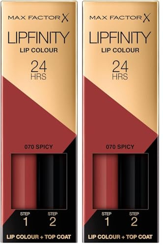 Max Factor Lipfinity Lip Colour Spicy 70 – Kussechter Lippenstift mit 24h Halt ohne auszutrocknen, mit intensiver Farbabgabe, präzisem Applikator & intensiv pflegendem Gloss-Top Coat, 4.2g (2er Pack)
