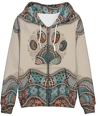 Uourmeti Hoodies Jacke mit Reißverschluss für Damen, Teenager, Mädchen, Herbst-Sweatshirt, XS-5XL, Mandala Hundepfote, XL