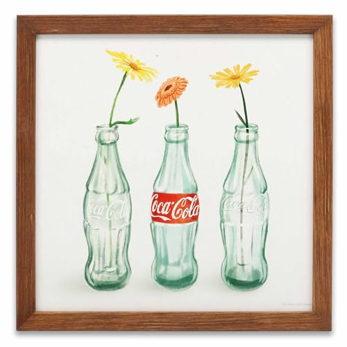 Coca-Cola Wanddekoration aus Holz, gerahmt, Motiv: Flaschen mit Blumen, Vintage-Stil, Coca-Cola-Wandkunst für Küche, Esszimmer oder Wohnzimmer