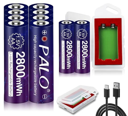 Mspalocell batterie ricaricabili AA Ricaricabili con caricatore Litio, 1, 5V 2800mWh Batterie AA ricaricabili con indicatore di carica, carica rapida, 1300+ cicli, 10 pezzi batteria