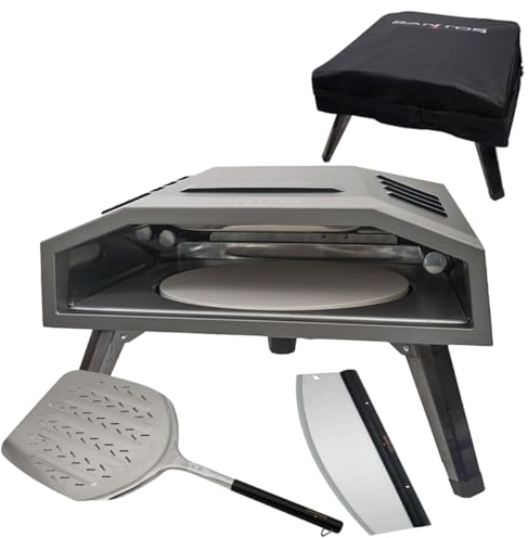 SANTOS Pizzaofen O-160 - inkl. innovativem Pizza-Drehteller & U-Brenner - Pizzastein Ø37cm- 360° Bräunung - Gas-Pizzaofen - inkl. Abdeckhaube, Teigmesser & Wiegemesser