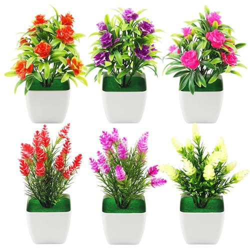 SWoob 6pcs Artificial Flowers Plants Mini Artificial Flowers in Pots Fake Plants Outdoor Indoor Suitable for Home Office Area Restaurant Decoration