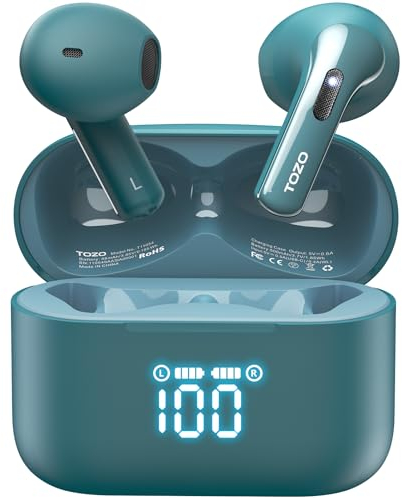 TOZO T21 Wireless Earbuds, Bluetooth 5.3 Earphones, Semi In Ear Buds, Dual Mic Call Noise Cancelling Wireless Earphones, Bluetooth Earbuds with Wireless Charging Case, IPX8 Waterproof (Green)