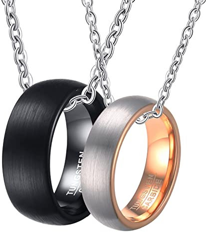 Gualiy Matching Tungsten Steel Necklaces, Couple Jewelry Set Brushed Ring 8/6mm Wide Necklace Women N 1/2 + Men N 1/2