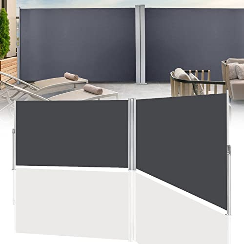 Tubiaz Ausziehbar Doppel Seitenmarkise 160x600cm, Blickdicht Sichtschutz, Windschutz, Sonnenschutz, Balkon Seitenrollo Markise, Ausziehbarer Sichtschutz Terrasse, Wandmarkise, Grau