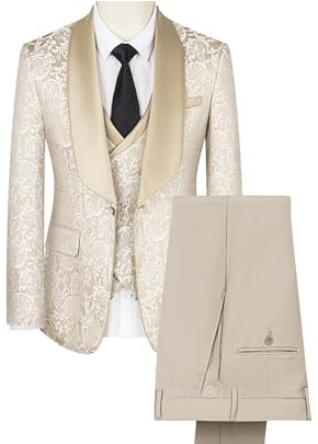FSDIYU Anzug Herren, 3-teiliger eleganter Slim-Fit-Smokinganzug aus Jacquard, für formelle Hochzeiten, Bankette, Bälle, Partys, Gastgeberkostüm, Blazer, Hose, Anzug,50,Beige