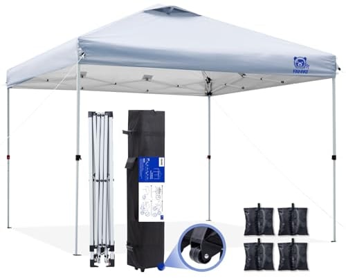 FANPAT 10x10 Pop-Up-Pavillon weiß, EIN-Knopf-Zentralverschluss, 4-lagig verstärktes Gewebe, belüftete UV-Dachplane mit Tragetasche für Outdoor-Partys
