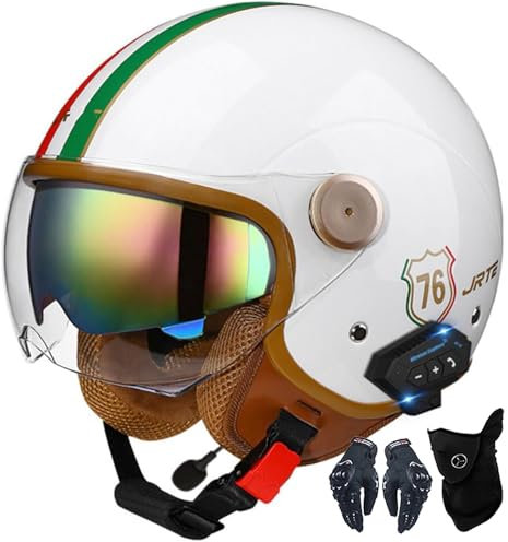 Kcolic Casco Moto Bluetooth 3/4 Cuffie E Microfono Integrati con Visiera Parasole Retrattile Mezzi Caschi Moto Stile Vintage Certificazione DOT/ECE Casco Jet Integrale C