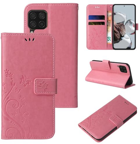 LBH Custodia per Huawei P40 Lite, motivo farfalle, fiori, funzione leggio, protezione a 360 gradi, colore: oro rosa