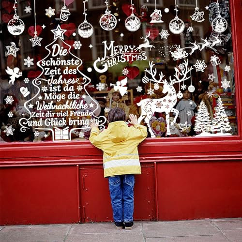 CMTOP Fensterbilder Weihnachten Selbstklebend 4 Blätter Weihnachtsdeko Fenster Wiederverwendbar Fensterdeko Weihnachten PVC Fenstersticker Winter Fensterbilder Schneeflocken Fensteraufkleber-Weiß