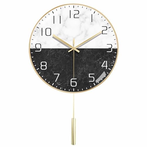 QHENS Wanduhr Modern Ohne Tickgeräusche, Wanduhr Wohnzimmer Lautlos mit Pendel, 15 dB, Wanduhren Schwarz Weiß Marmor Design, 30 cm Durchmesser