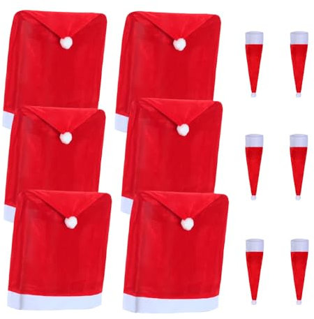 Tibroni 6 Stuhlhussen Weihnachten Set, Weihnachtsstuhlbezug Weihnachtsdekoration mit 6 Weihnachtsmütze für Gabel Messer, Stuhlbezug Stuhl Abdeckung Stuhlabdeckung für Neujahr Weihnachtsfeier