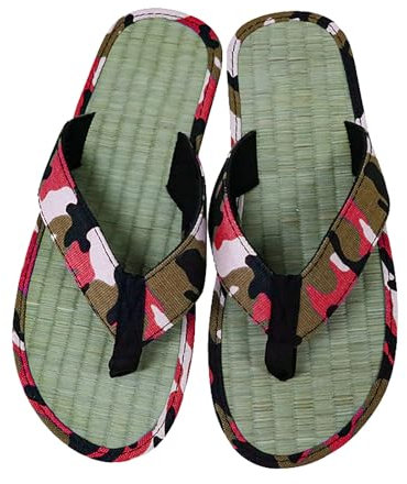 Damen Flip Flops handgefertigte Naturstroh Sandalen Atmungsaktive Camouflage Hausschuhe Sommer Flip Flops rutschfester Schweiß kühle Strohsandalen Geeignet für Indoor Strandgärten