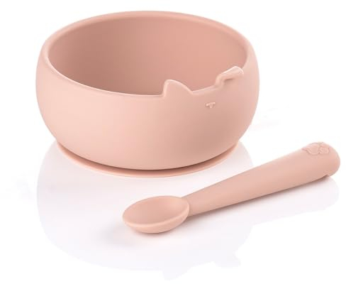 Jané Set Bol et Cuillère en Silicone, avec Ventouse, sans BPA, Compatible avec Stérilisateurs, Micro-ondes, Four, Rose