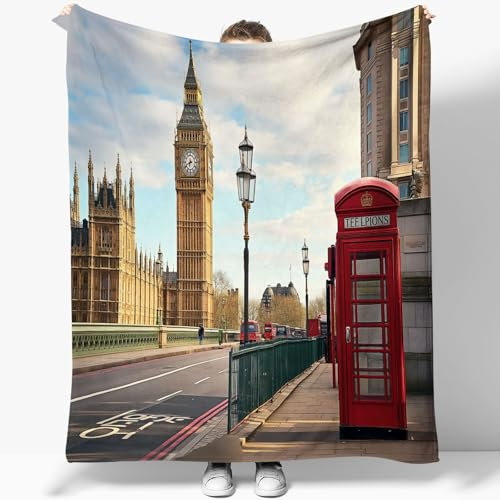 Stadtlandschaft London Big Ben Sherpa Decke 180 x 220 cm für Kinder und Erwachsene, Mehrfarbig Weiche, Hypoallergene Flanell Decke, Warme Kuschel Waschbare Decke für Sofa und Wohnzimmer